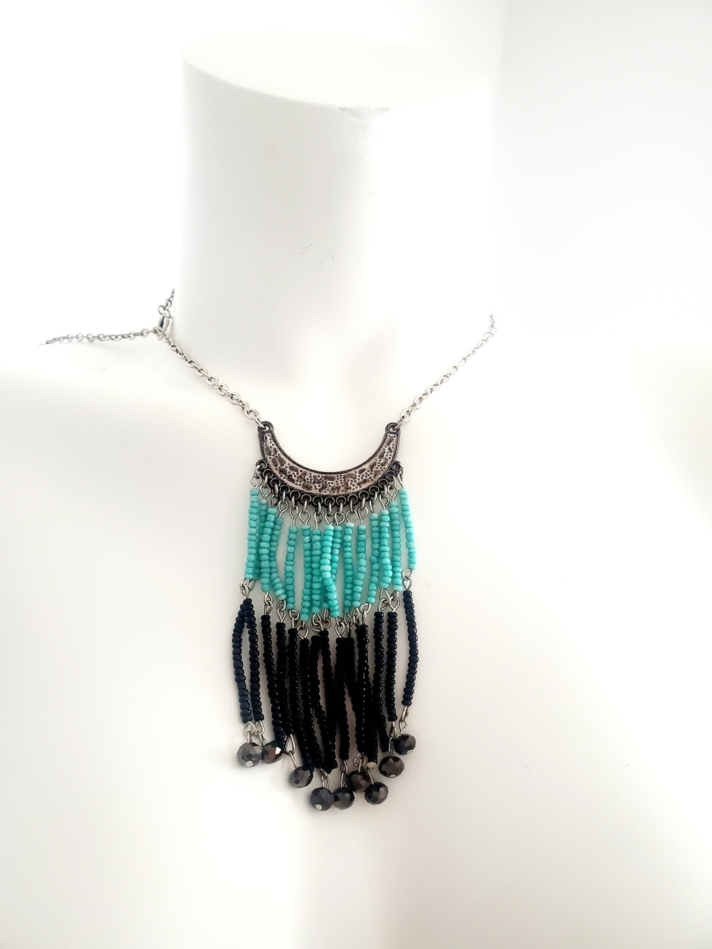 Turquoise and Black Beaded Fringe Necklace - Women Jewelry